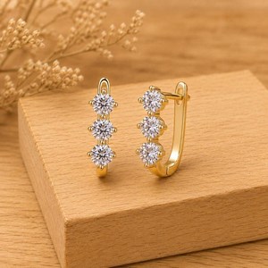 DEF Color VS VVS Clarity IGI Certificate Moissanite <b>Three</b> Stone Round Lab Created Diamond Heggie Earrings 10K 14K 18K Solid Gold - Product Image 1