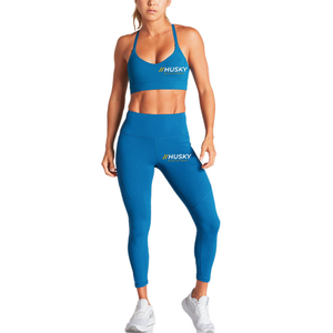 HUSKY Women's Ribbed Sports <b>Bra</b> & Leggings Set <b>Blue</b> Seamless Fitness Wear Breathable Racerback Scoop Neck Medium Support - Product Image 4