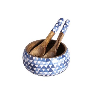 Ensemble de saladiers artisanaux en bois de manguier avec des serveurs à motifs floraux dorés, grand saladier écologique émaillé pour la maison et l'hôtel - Product Image 3