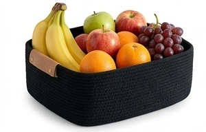 Panier de rangement rectangulaire tissé avec poignées en cuir, design minimaliste pour l'organisation du salon, 50x40x30cm, fibre de rotin - Product Image 3