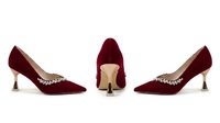 Escarpins élégants en velours bordeaux à bout pointu pour femme, ornés de strass en cristal, pour mariages, soirées et événements, conception personnalisée, chaussures ODM