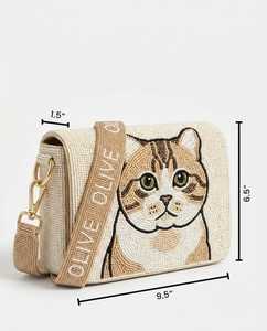 Handmade Embroidered Canvas <b>Handbag</b> Rectangular Shape Animal Theme Dog Pattern Green Color - Product Image 3