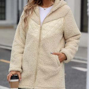 Brown <b>Sherpa</b> <b>Fleece</b> Jacket Quilted Panel Hoodie Zip Up Winter Coat - Product Image 5
