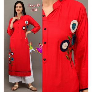 Designer Rayon Embroidery Workwear Kurti with Palazzo in Red - Product Image 1