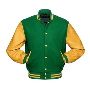 Chaqueta Varsity de Mujer con Mangas de Cuero Sintético Verde, Cuello Alto y Botones, Diseño Color Block - Product Image 3