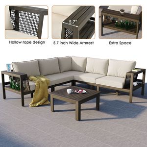 Ensemble de canapés d'extérieur en bois d'acacia Accoudoirs en maille tissée Meubles de patio en forme de L Table basse Table d'appoint Coussins beiges 4 pièces d'extérieur - Product Image 6