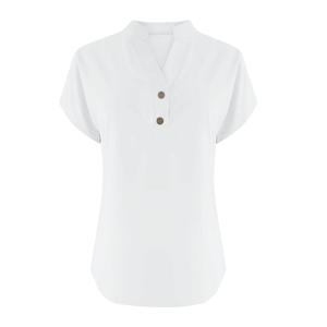 T-shirt décontracté pour femme à col rond et boutons sur le devant, manches courtes, mélange coton-élasthanne, grande taille, anti-plis, toutes saisons - Product Image 3