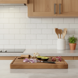 Tabla de cortar de madera natural con ranura para jugos y compartimentos integrados, tabla de cortar multiusos para la preparación de alimentos - Product Image 4