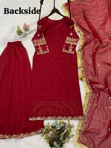 <b>Red</b> Classic A-Line Georgette <b>Sequined</b> Embroidered Party Dress with Dupatta Women Salwar Kameez Set Wedding Festival Wear - Product Image 5