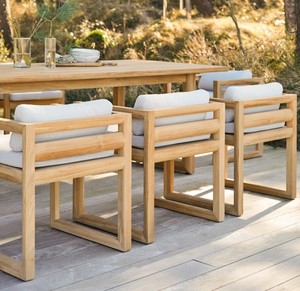Solid Teak Wood <b>Rectangular</b> Outdoor Dining Table Set 6 Piece Blocky Frame Armchairs with <b>Cushion</b> - Product Image 3