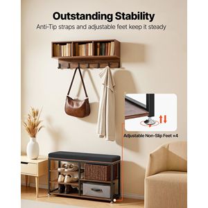 3-in-1 Steel Frame Coat Rack with Shoe Bench Hooks Bookshelf Combo Set for Entrance Hall Tree Storage Organization - Product Image 6