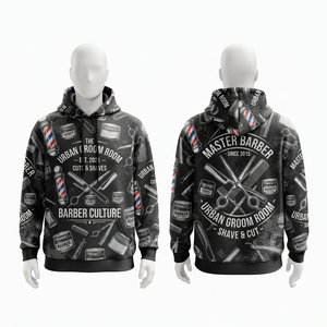 เสื้อฮู้ดบาร์เบอร์พรีเมียม 320 GSM โพลีเอสเตอร์ สีดำ-เทา พิมพ์ลายแบบ Sublimation ทั้งตัว พร้อมโลโก้สั่งทำพิเศษ เนื้อผ้านุ่ม - Product Image 1