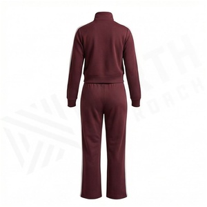 Women's <b>Maroon</b> Tracksuit Set Full Zip Jacket With White Stripes And Matching Pants Casual Autumn Wear Solid Color Design - Product Image 2