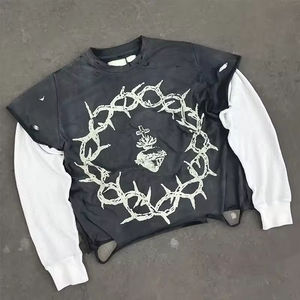 เสื้อยืดลายวินเทจสไตล์สตรีทแวร์สำหรับผู้ชาย แบบย้อมสีเอซิด ลุคขาดๆ  ผ้าคอตตอน  แบบสองชั้น  แขนยาว  ไม่มีแขน  พร้อมลายพิมพ์ DTG - Product Image 1