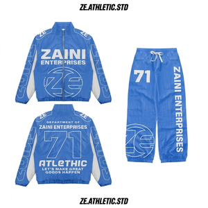 Veste coupe-vent en polyester premium 380 GSM, bleu et blanc avec panneaux latéraux, impression par sublimation personnalisée, logo brodé - Product Image 1