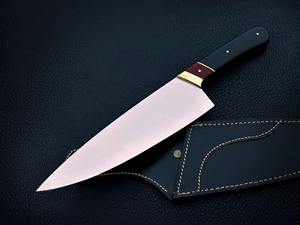 Cuchillo de Cocina Damasco Moderno Hecho a Mano con Mango de Micarta Negra y Funda de Cuero, Cuchillo de Cocina Moderno Personalizado de Acero Afilado - Product Image 5