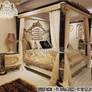 Cama tallada y mesitas de noche Estilo Vintage, mueble de dormitorio tallado a mano tradicional indio, parte trasera alta, cama tallada dorada - Product Image 4