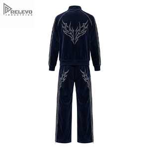 Custom Rhinestone Decor Velvet Lightweight <b>Tracksuit</b> High Quality Full Zip Jacket Wide Leg <b>Velour</b> Sweatpants Adults Solid Front - Product Image 1