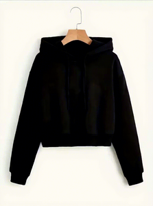Unisex Black Cropped Hooded Pullover Fleece Hoodie Embroidered Eco-Friendly Boxy Fit Casual Winter Wholesale - Product Image 1