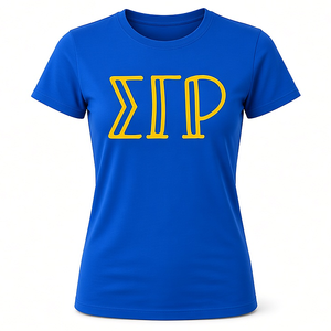 Camiseta Azul Rey Sigma Gamma Rho con Estampado de Letras Griegas Doradas, Manga Corta, Cuello Redondo, Ropa de Hermandad Griega, Top Clásico Informal - Product Image 4