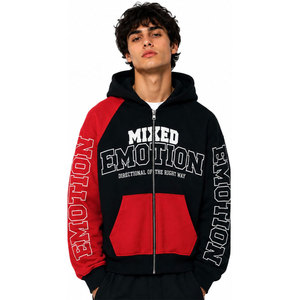 Sweat-shirt à capuche zippé pour homme Mixed Emotion, noir et rouge, manches raglan, streetwear, avec poche, logo imprimé sur le devant, vêtement d'automne - Product Image 4