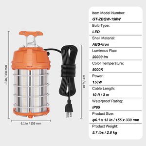 Lámpara de Trabajo LED Portátil de 150W, 20000lm, 5000K, Resistente al Agua, Enlazable, 6 Unidades, Soporte de Techo para Obras de Construcción, Luz de Trabajo - Product Image 3