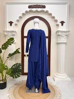 Setelan Salwar Kameez Bordir Biru dengan Mantel Panjang dan Celana Palazzo, Pakaian Pakistan India untuk Acara Resmi