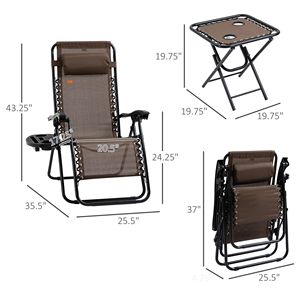 Set di 3 Sedie Reclinabili a Gravità Zero Marroni con Tavolino Laterale, Portabicchieri e Poggiatesta per Piscina e Campeggio - Product Image 3