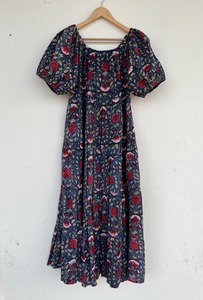 Wholesale Women Navy Floral Cotton Maxi <b>Dress</b> Puff Sleeve Collar Neck Resort Wear <b>Dress</b> - Product Image 3