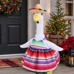 Porch Goose Costume Pink Fiesta <b>Dress</b> Straw Sombrero Garden Statue Clothes Yard Holiday Decor - Product Image 1
