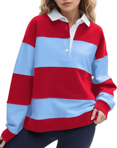 Polo à manches longues pour femme, color-block, décontracté, tricoté, 100 % polyester, longueur standard, col rouge, marine et blanc - Product Image 6