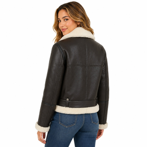 Veste d'aviateur en peau de mouton authentique pour femme – Elsie marron et blanc - Product Image 2