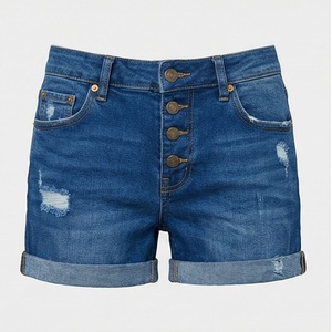 Shorts en jean personnalisés pour femmes, taille haute, déchirés, style décontracté streetwear, avec boutons et rayures, pour l'été _1 - Product Image 1