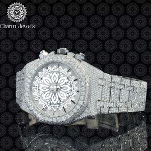Montre de luxe pour homme Charm Jewells en acier inoxydable, boîtier de 40 mm, mouvement mécanique, accents de diamants, bracelet en cuir, étanche 10 bars - Product Image 4