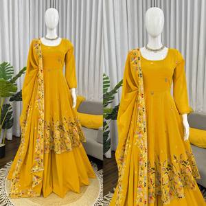 Traje ANARKALI PLAZZO DUPATTA de seda crujiente de secado rápido con bordado de lentejuelas, moderno para fiestas, para todas las estaciones - Product Image 4