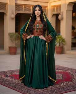 Robe de mariée vintage élégante en mousseline verte, longueur ras du sol, broderie artisanale, garniture dorée, matériaux recyclés, infroissable - Product Image 3