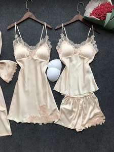 Ensemble de pyjamas en satin pour femmes, taille élastique, avec détail nœud, idéal pour l'été, l'automne et le printemps – Grande Vente - Product Image 4