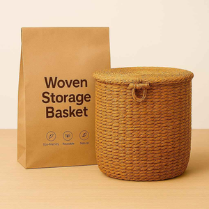 Panier de rangement en jonc de mer tressé à la main avec couvercle |   Organisateur de vêtements et de salle de bain en tissu naturel biodégradable et écologique - Product Image 4