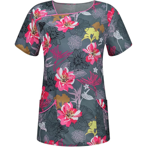 Custom Women’s Heart & Awareness Ribbon Print Medical Scrubs Top V-Neck Short Sleeve <b>Nurse</b> Uniform with Pockets - Product Image 1