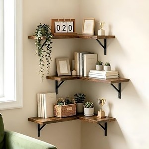 Sheesham Wood Floating <b>Corner</b> <b>Shelf</b> with Brass Inlay - Wholesale Handcrafted Wooden <b>Wall</b> <b>Shelves</b> - Product Image 1
