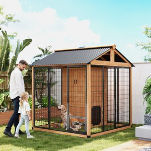 Cuccia per Cani Extra Large 7FT X 6FT in Legno Giallo Chiaro per Esterni con Armadio Portaoggetti e Ciotole in Acciaio Inox Realizzata in Legno di Abete - Product Image 2