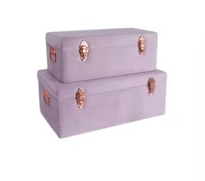 Elegant Wine Red and Steel Blue Velvet <b>Storage</b> Trunk Set Vintage <b>Decorative</b> Metal Organizer <b>Box</b> with Rose Gold Latch Trunk <b>Box</b> - Product Image 2