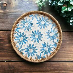 Hand-woven serving tray inlaid with rattan and capiz shell; coffee and tea tray; round decorative tray featuring <b>blue</b> floral - Product Image 4