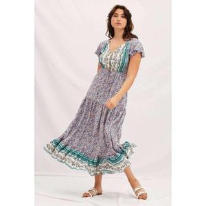 Women <b>Boho</b> Printed Cotton Maxi <b>Dress</b> V Neck Flutter Sleeve Tiered Flowy Casual <b>Summer</b> Beach Long <b>Dress</b> - Product Image 4