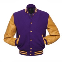Veste universitaire unisexe violet-or 100 % laine, col en V, coupe classique, style preppy, hiver, logo frontal, coupe-vent, respirante