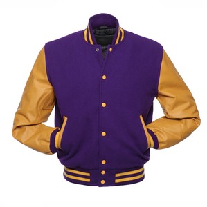 Men's <b>Purple</b> Gold <b>Varsity</b> <b>Jacket</b> PU Leather Sleeve Turn-down Collar Regular Fit Preppy Style Autumn Wear - Product Image 1
