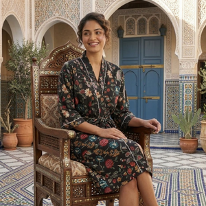 Bata Kimono de Algodón con Estampado Floral Negro para Mujer, Cuello en V, Ropa de Estar por Casa, Bata de Baño de Manga Larga con Cinturón y Bolsillos - Product Image 3