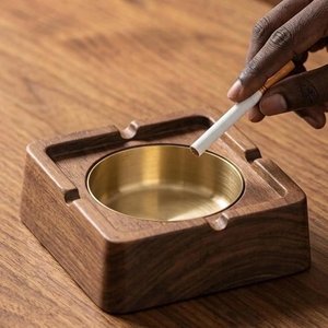 Cendrier carré en bois de noyer et laiton fait main, pour cigares et cigarettes, ensemble de luxe pour fumeurs, décoration de bureau et de maison - Product Image 6