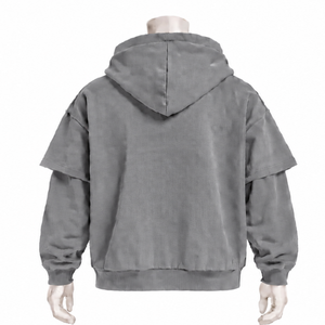 Gray Double Layer Hoodie Oversized Short Sleeve Overlay Long Sleeve Pullover Loose Fit <b>Vintage</b> Streetwear Hooded <b>Sweatshirt</b> - Product Image 2