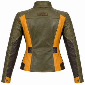 Chaqueta de cuero para mujer, verde oliva y amarillo en contraste, estilo racer, cuello alto, cremallera, corte ajustado, estilo vintage, estilo motero, abrigo informal para mujer - Product Image 2